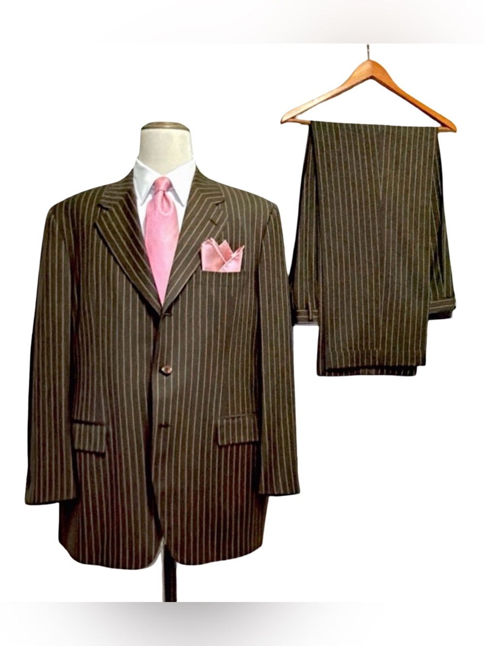 Bijan Men's Suit | Brown w/ Gold Pinstripes |  Super-Luxury | Custom Tailored
